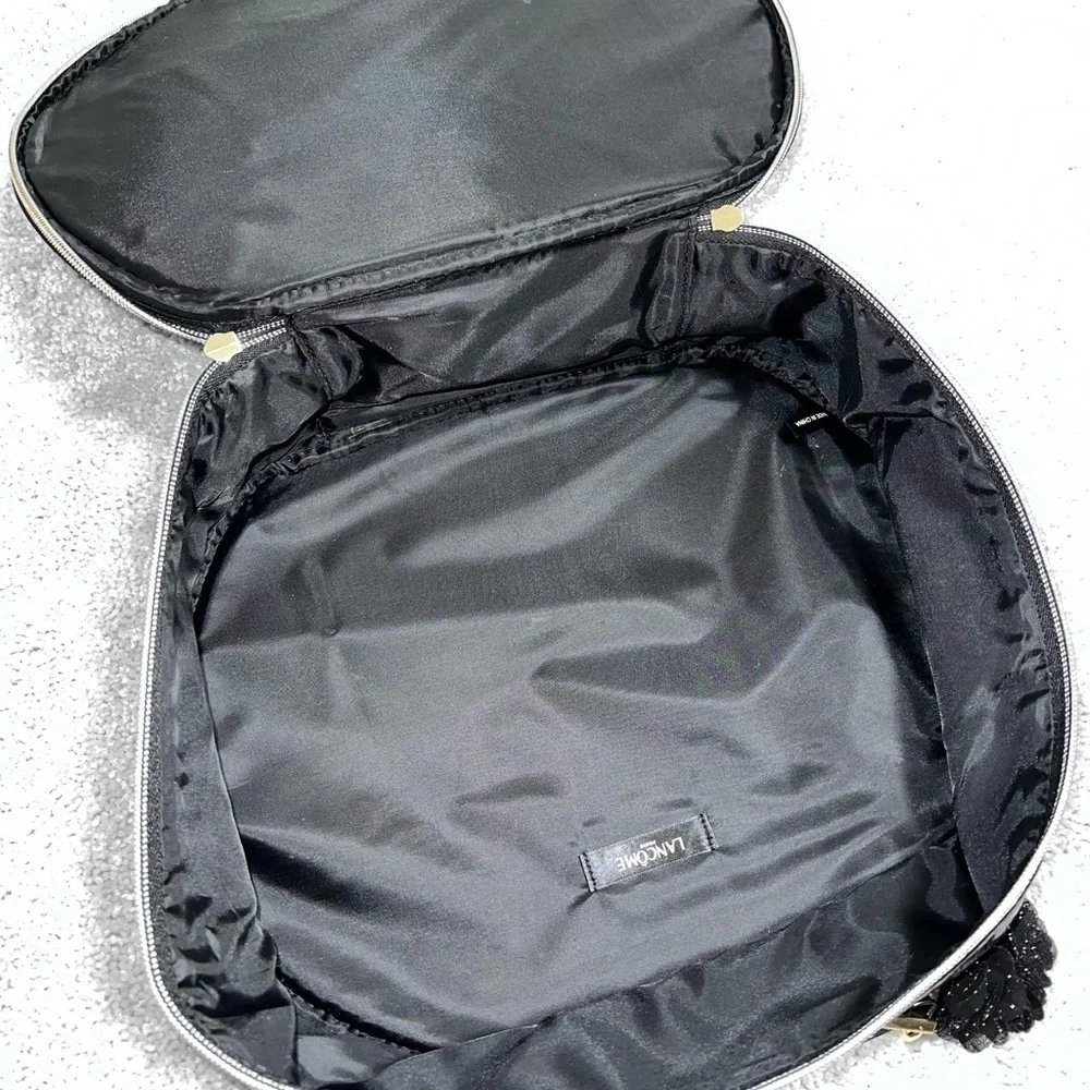 Lancome Makeup Toiletries X-Large Black Glossy Bag w Strap & Handle Rounded